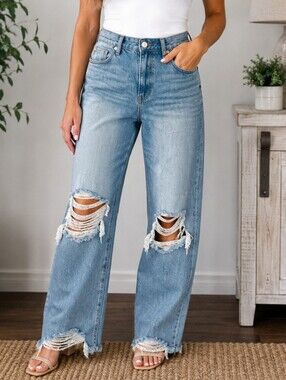 We The Free Distressed Wide Leg Jeans  Light Wash Raw Hem Denim